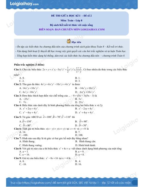 Đề thi giữa kì 1 Toán 8 - Đề số 2 - Kết nối tri thức